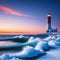 lighthouse on snowy shore with sunset in