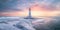 A lighthouse on a snowy shore with a sunset in the background. Generative AI image.