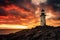 Lighthouse standing tall against dramatic sunset sky. Generative AI
