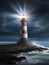 A lighthouse standing tall on a rocky shore, amidst a raging storm.