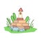 Lighthouse stands on bricks. Garden decoration on stone mountain. Vector art hand drawn on white background