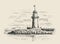 Lighthouse on the stone shore. Sketch vintage vector illustration