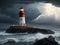 Lighthouse in stormy landscape, Leader and hope vision concept