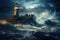 Lighthouse on stormy sea. 3D illustration, An isolated iron lighthouse shining light out to sea at night as it sits on a rocky