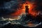 Lighthouse on a stormy seascape. 3D rendering, An isolated iron lighthouse shining out to sea at night as it sits on a rocky stone