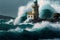 The lighthouse during strong waves, creative digital illustration painting