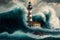 The lighthouse during strong waves, digital illustration painting