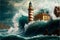 The lighthouse during strong waves, digital illustration painting
