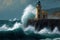 The lighthouse during strong waves, digital illustration painting artwork