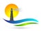 Lighthouse sun set sea wave water beach globe world  logo illustrations vector icon clip art