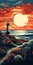 Lighthouse Sunset: Graphic Design-inspired Illustration In Montauk, New York