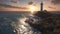 lighthouse at sunset on a rocky shore, with a small lighthouse keeper home next to it ai created