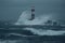 lighthouse surrounded by stormy seas and heavy rain