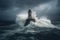 lighthouse surrounded by stormy seas and heavy rain