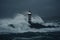 lighthouse surrounded by stormy waves, with lightning flashing