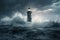 lighthouse surrounded by stormy waves, with lightning flashing