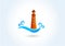 Lighthouse swirly waves beach icon logo vector