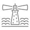 Lighthouse thin line icon, nautical concept, beach signal beacon sign on white background, luminous lighthouse icon in