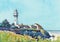 Lighthouse tower along coast seascape watercolor hand drawn painting