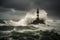 lighthouse, towering over the waves of a stormy sea