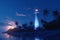 lighthouse on a tropical island at night