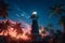 lighthouse on a tropical island at night