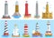 Lighthouse vector beacon lighter beaming path of lighting to ses from seaside coast illustration set of lighthouses