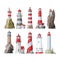 Lighthouse vector beacon lighter beaming path of lighting to ses from seaside coast illustration set of lighthouses
