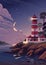 Lighthouse - vector landscape. Sea landscape with beacon on cliff and crescent in clouds. Vector illustration in flat