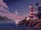 Lighthouse - vector landscape. Sea landscape with beacon on shore and crescent in clouds. Vector horizontal illustration