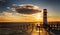 Lighthouse view during winter and dramatic sunset, Podersdorf am see, Austria