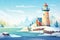 lighthouse with a warm beacon in a snowy coastal scene