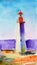 Lighthouse watercolor illustration hand drawn. Beacon against the background of blue sky, bright colors.
