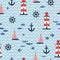 Lighthouse, yacht and fish vector illustration. Beacon on waves seamless pattern.