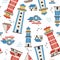 Lighthouses with searchlight, marine theme vector flat style seamless pattern