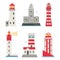 Lighthouses vector flat searchlight towers for maritime navigation guidance ocean beacon light safety security symbol
