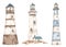 Lighthouses watercolor set of illustrations on a white background, hand drawn, nautical set in blue colors