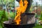 Lighting fire during spring barbecue garden