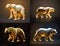 A lighting gold low polygon model of a bear walking in 4 lighting styles on the black background.