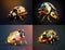 A lighting gold low polygon model of a ladybug standing 4 styles on the black background.