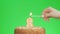Lighting a number four birthday candle on a delicious cake, green screen 8