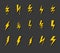 Lightning bolt icon set. Thunder flash electric voltage electricity symbols, simple yellow zig zag silhouette with