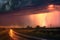 lightning bolt and rainbow during a stormy sunset