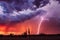 Lightning bolt strike in a storm at sunset
