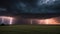 lightning in the city dramatic scene of a supercell thunderstorm and lightning bolt over a field in Kansas at sunset,