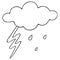 Lightning, cloud and raindrops. Sketch. Storm. Vector illustration. Outline on an isolated white background. Weather forecast.