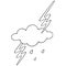 Lightning, cloud and raindrops. Storm. Vector illustration. Outline on an isolated white background. Sketch. Weather forecast.