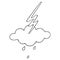 Lightning, cloud and raindrops. Vector illustration. Storm. Outline on an isolated white background. Sketch. Weather forecast.