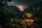 Lightning flashes on dramatic night sky, lightning strikes in wild nature, AI Generated landscape