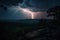 Lightning flashes on dramatic night sky, lightning strikes in wild nature, AI Generated landscape